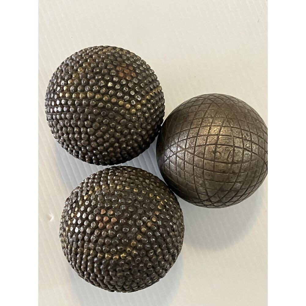 3 Antique French Boule Iron Balls Pétanque/Lyonnaise Set - Studded, Grid Metal